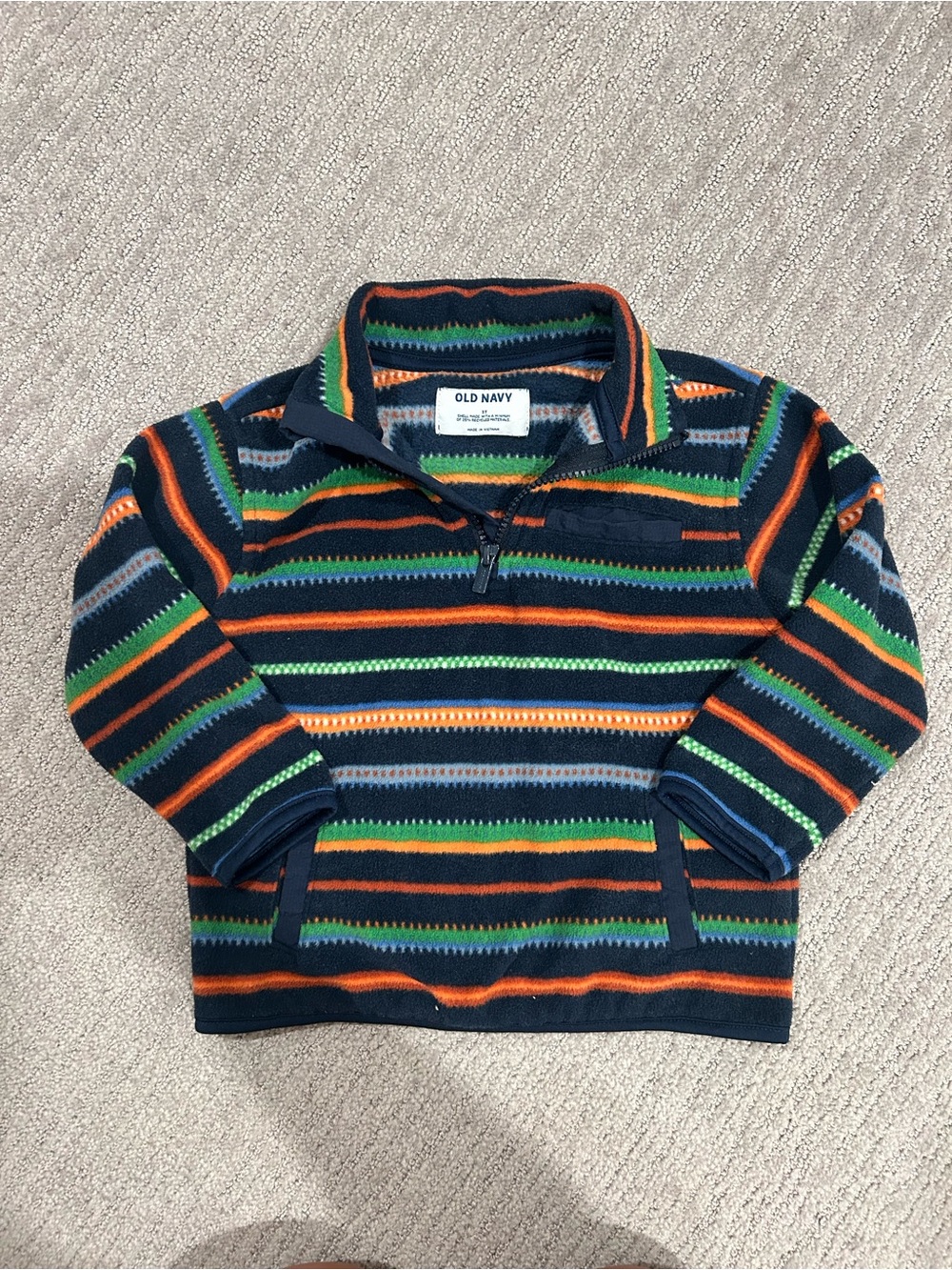 Old Navy Navy Striped Half-Zip Pullover with Green and Orange Accents